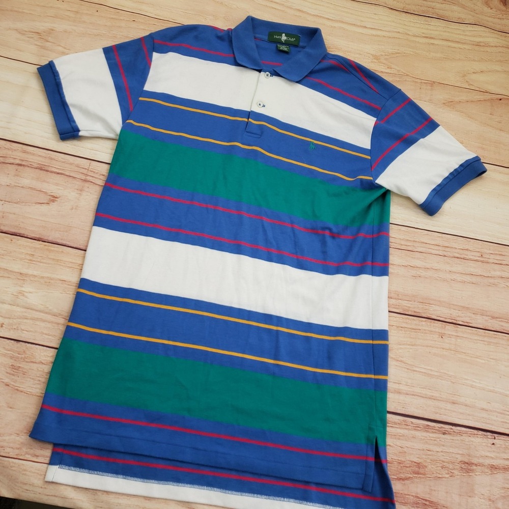 Hunt Club Polo Shirt Mens Medium Striped Short Sleeve 90s Preppy Casual Retro